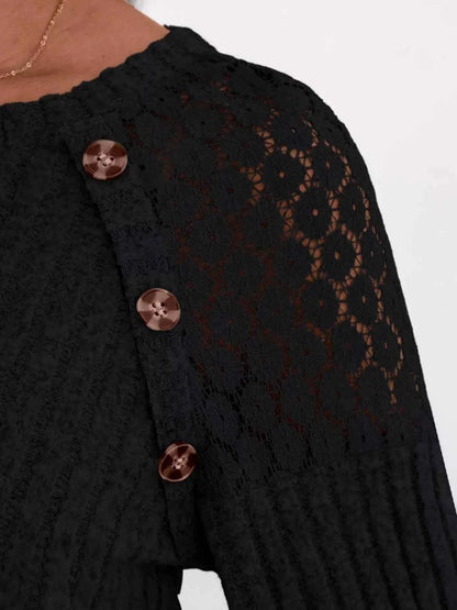 Ribbed Knit T-Shirt with Lace Shoulder Detail