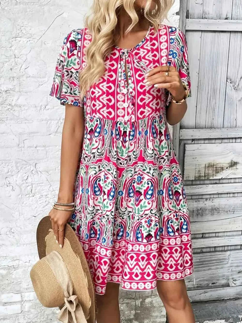 Printed Tie Neck Short Sleeve Dress