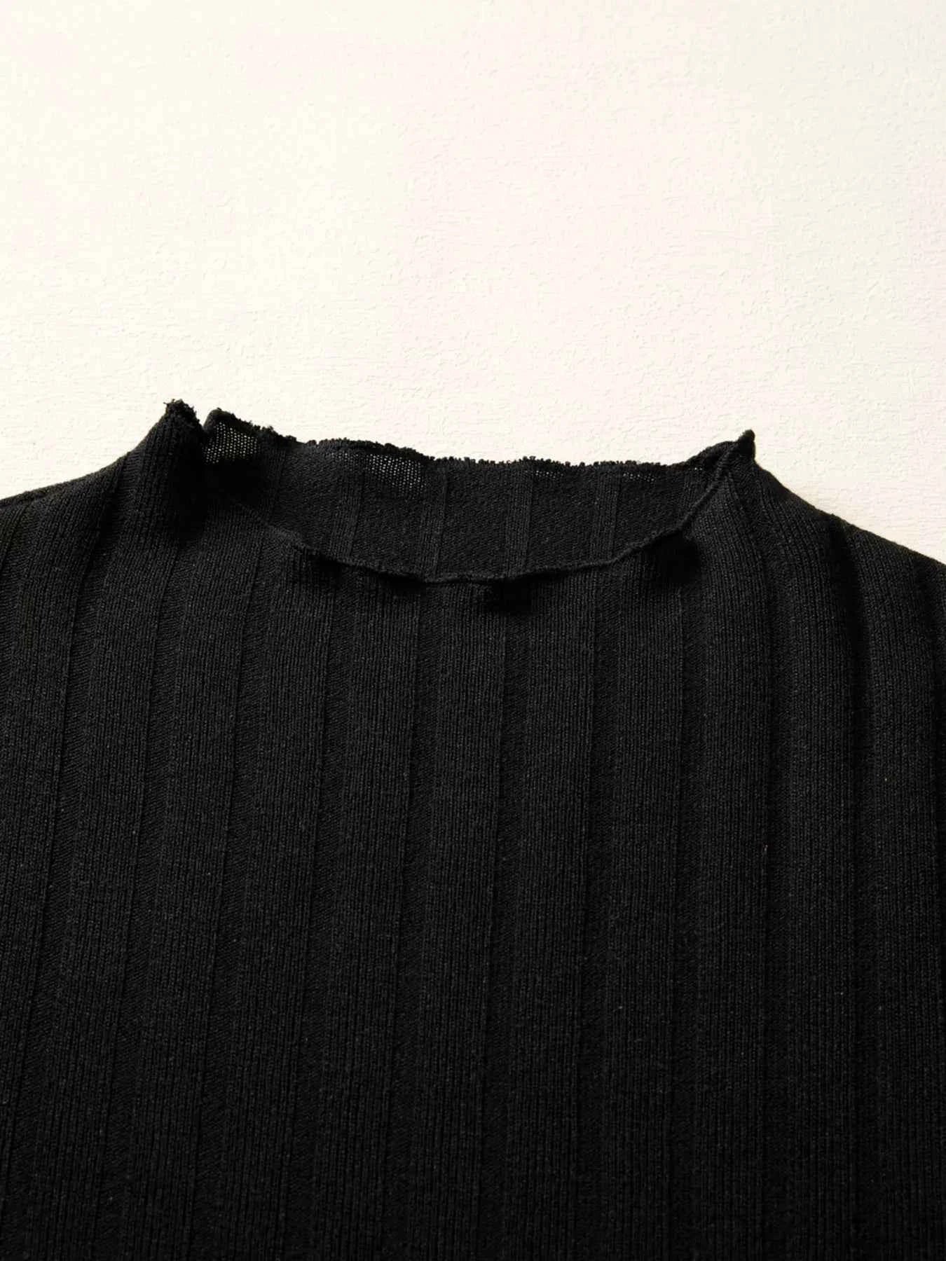 Frilled Neck Ribbed Knit Patchwork Long Sleeve Mini Dress