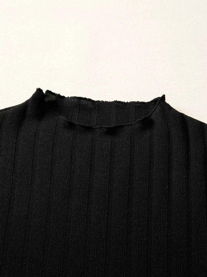 Frilled Neck Ribbed Knit Patchwork Long Sleeve Mini Dress