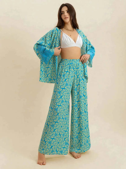 Open Front Printed Top and Pants Set