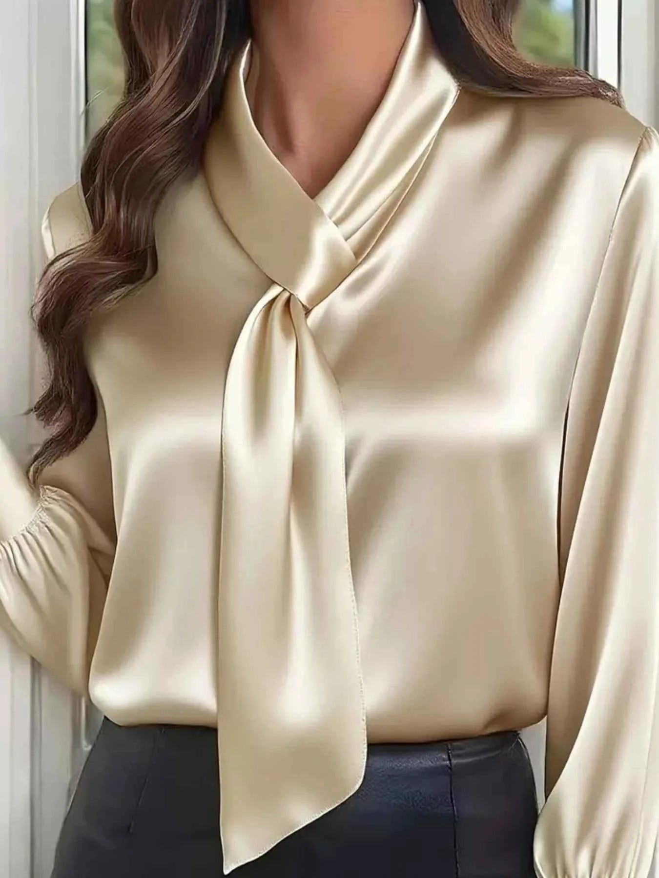 Satin Tie-Neck Long Sleeve Blouse