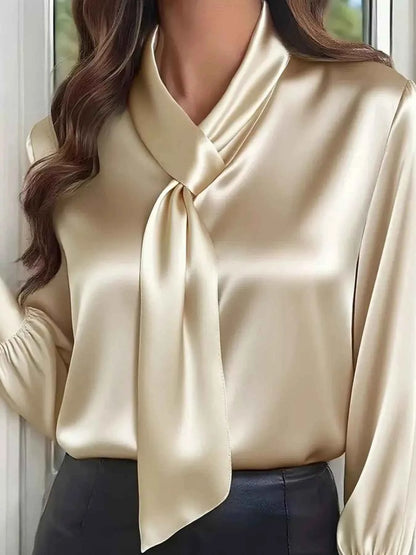 Satin Tie-Neck Long Sleeve Blouse