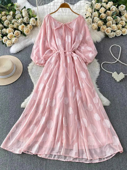 Button Front Puff Sleeve Chiffon Dress