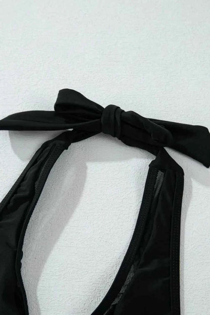 Sheer Mesh Edged Halter V Neck Push Up Bikini Set