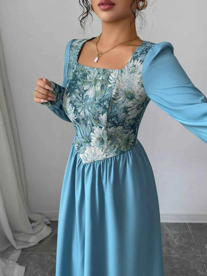 Floral Square Neck Lantern Sleeve Dress