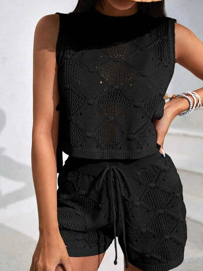 Diamond Pattern Sleeveless Top and Shorts Knit Set