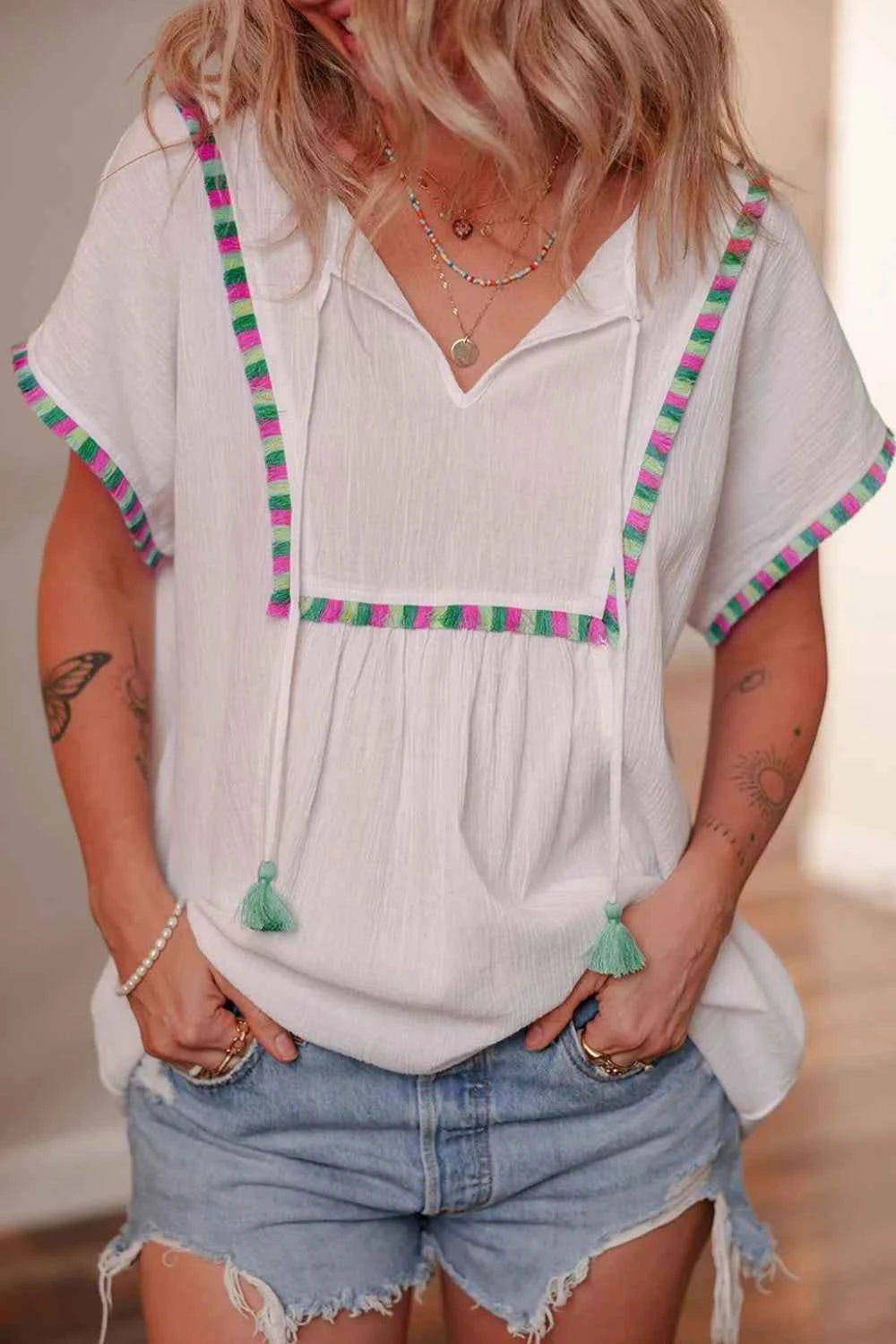 Tassel Tie Neck Short Sleeve Blouse
