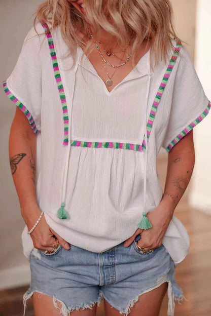 Tassel Tie Neck Short Sleeve Blouse