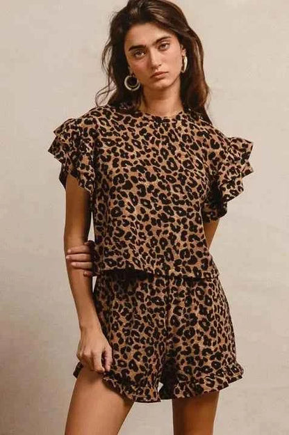 BiBi Leopard Print Waffle Texture Layered Ruffle Sleeve Top and Shorts Set