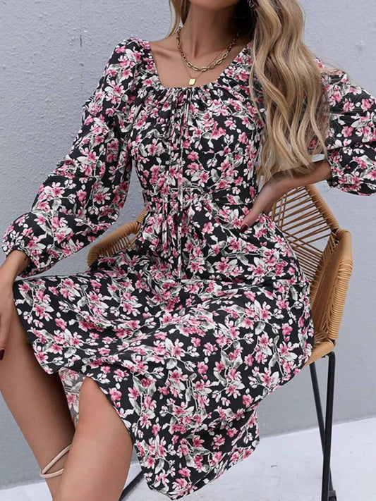Floral Print Long Sleeve Midi Dress