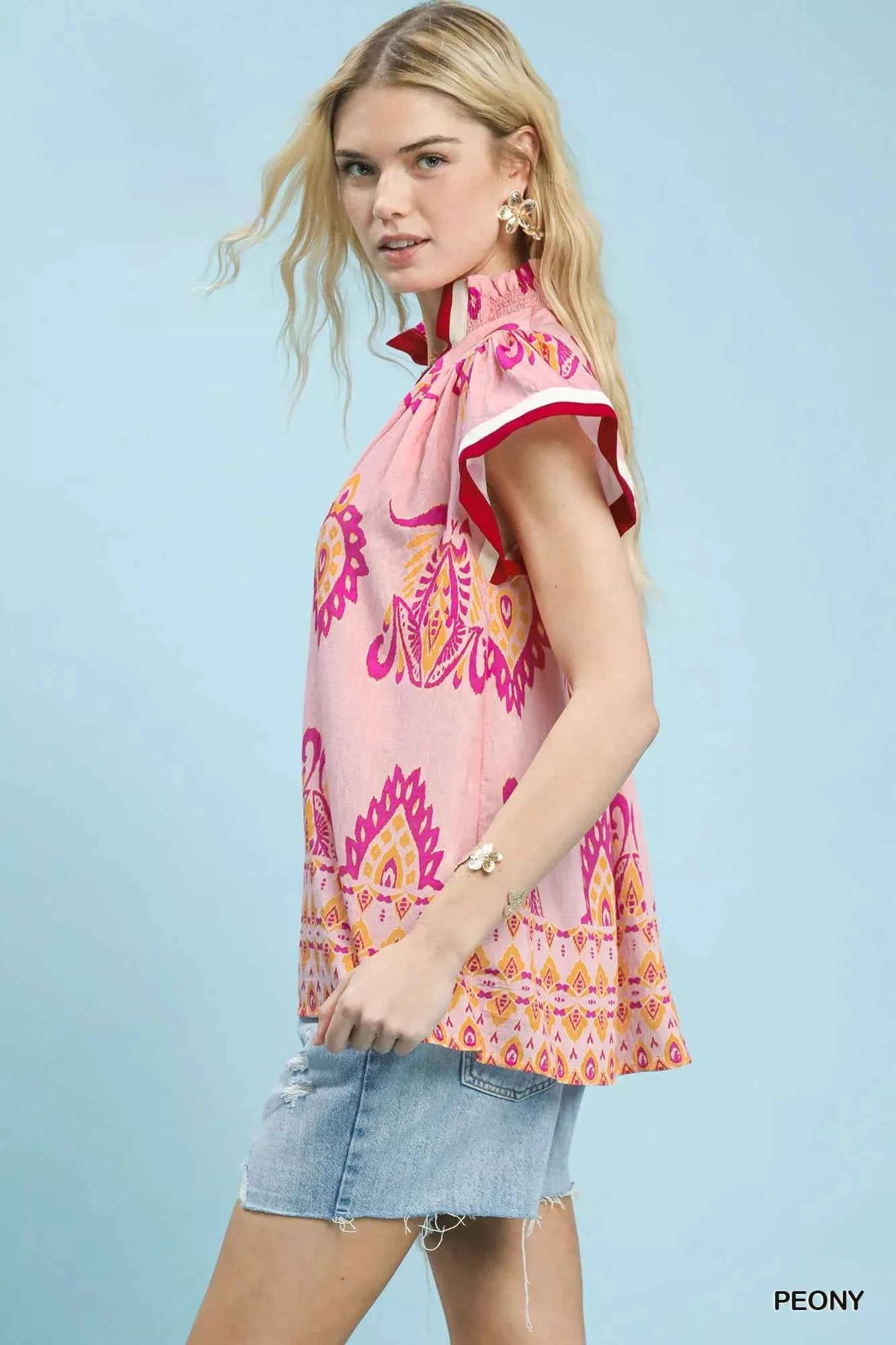 Umgee Border Print Split-Neck Boho Top