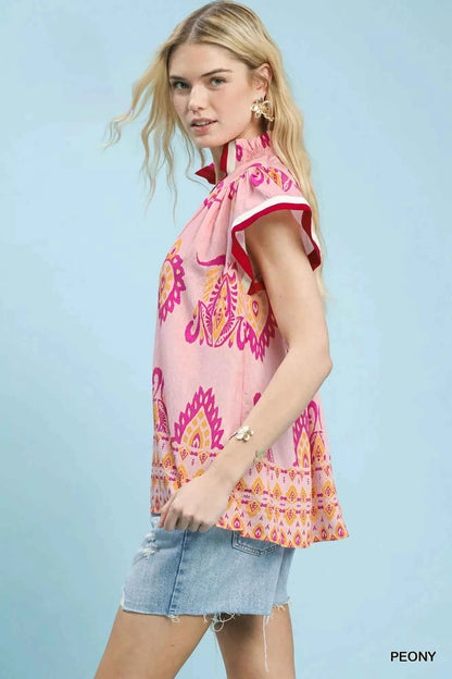 Umgee Border Print Split-Neck Boho Top