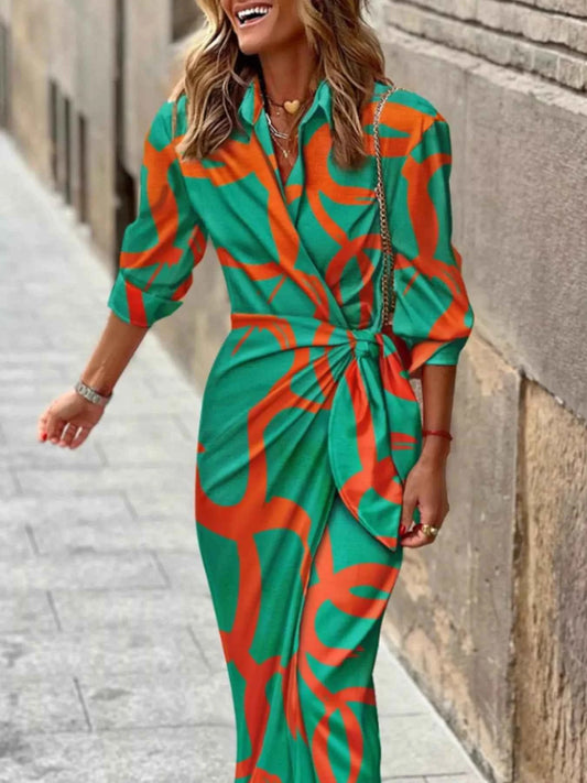 Printed Collared Neck Shirt Dress