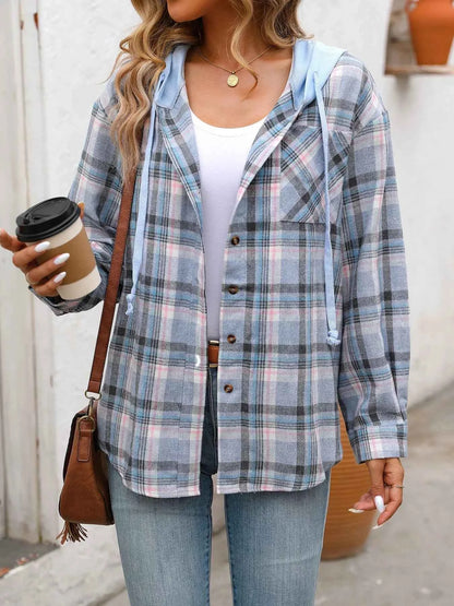 Plaid Button-Up Hooded Shirt with Chest Pocket