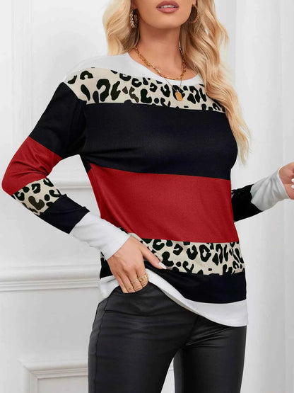 Leopard Color Block Striped Knit Top