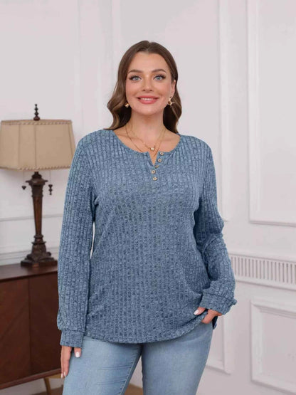 Ribbed Knit Button-Front Long Sleeve T-Shirt