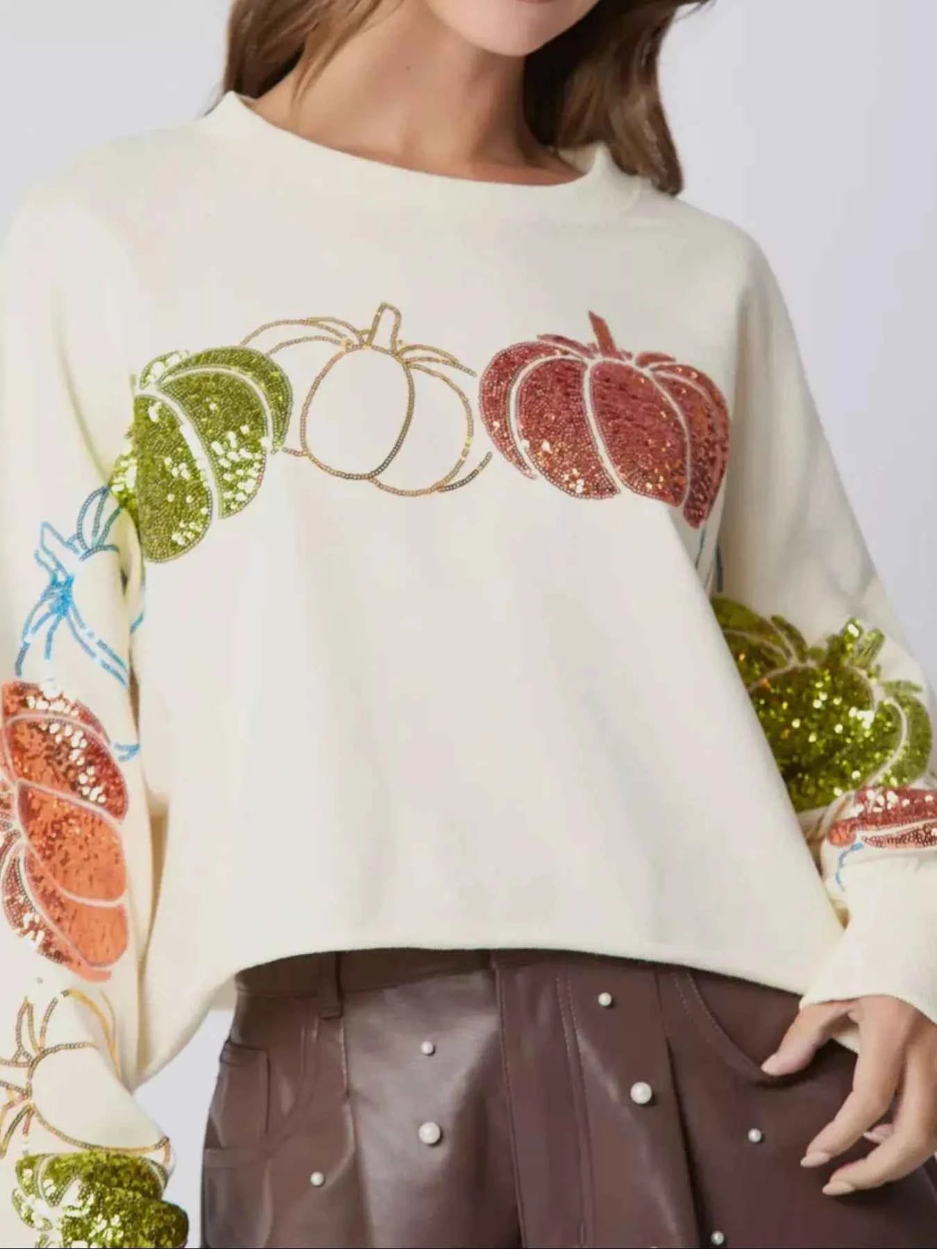 Sequined Pumpkin Halloween Crop Sweatshirt