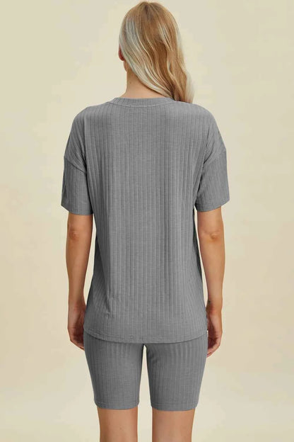 Basic Bae Full Size Ribbed V-Neck Short Sleeve Top and Shorts Set