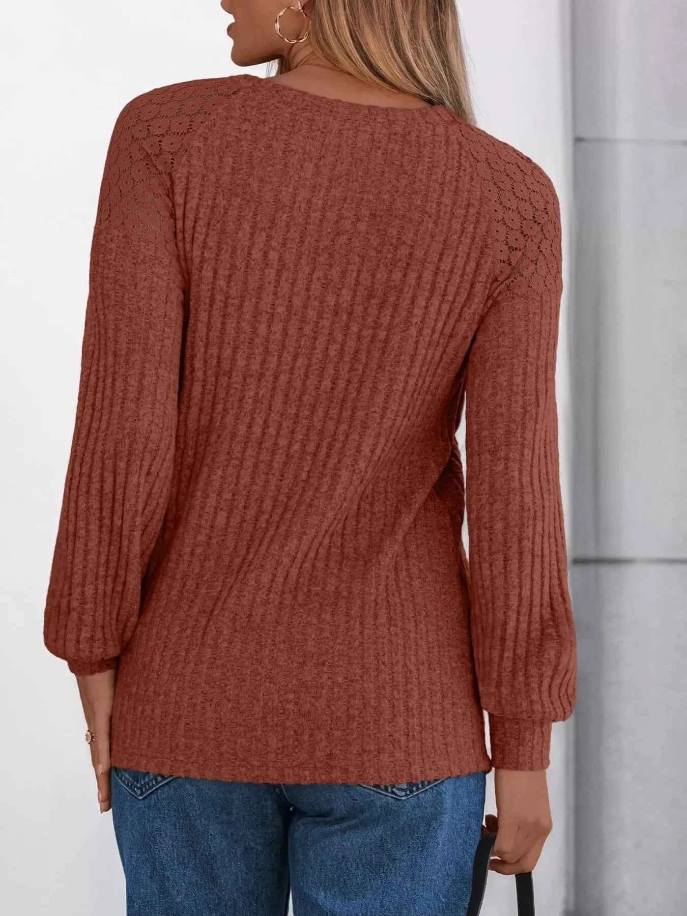 Ribbed Knit T-Shirt with Lace Shoulder Detail
