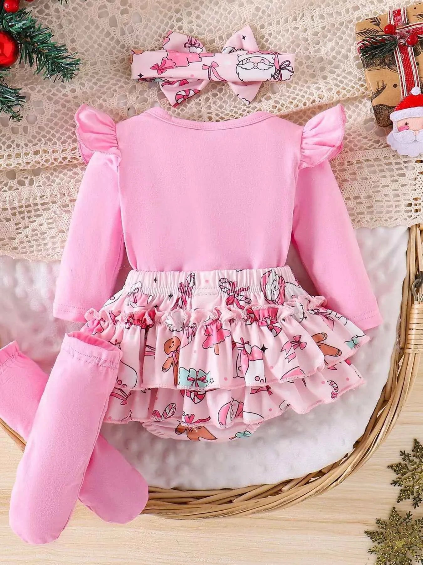 Children's Christmas Ruffled Long Sleeve Top and Skirt Set with Headband