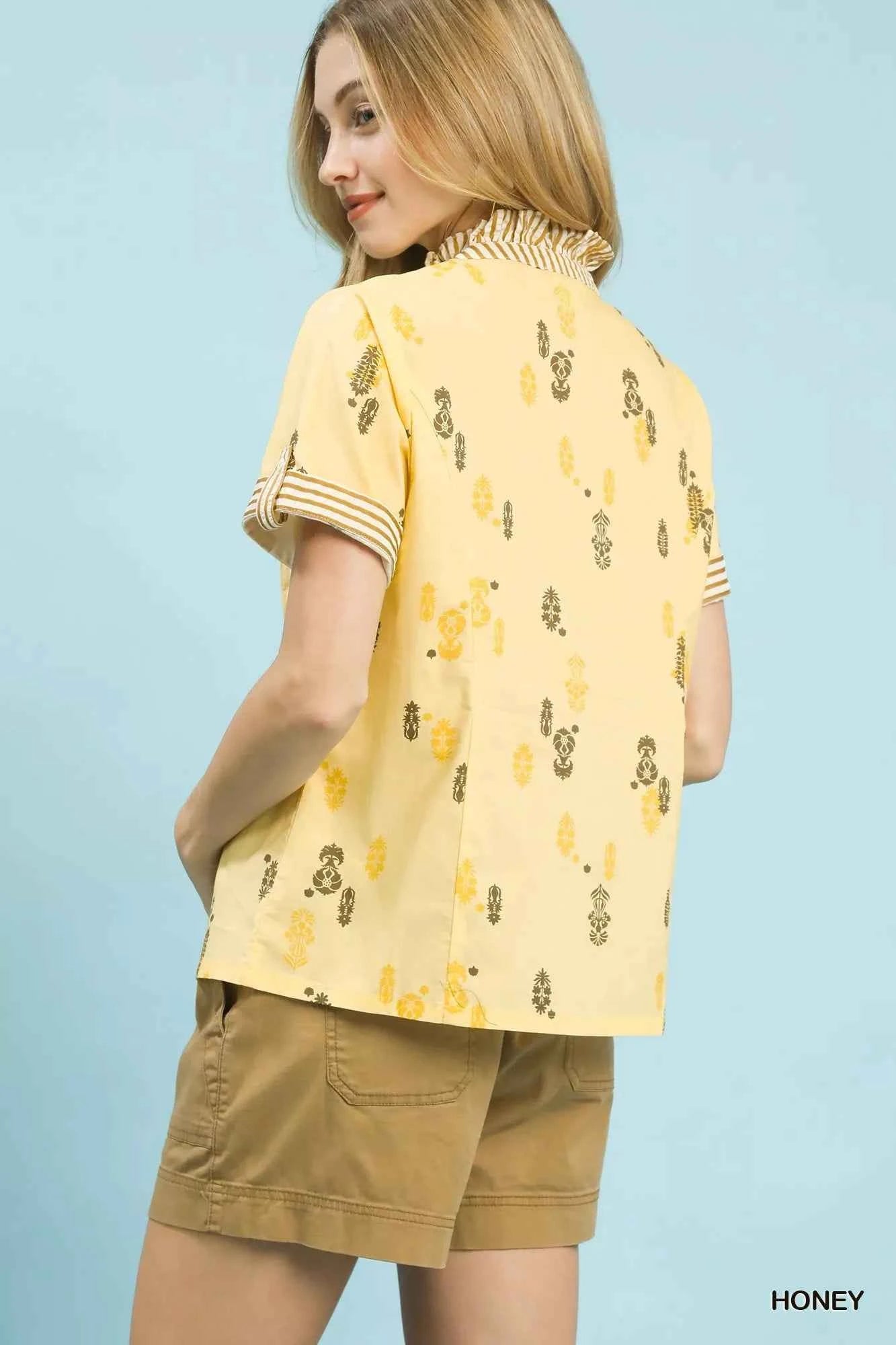 Umgee Printed Ruffle Trim Button Front Blouse