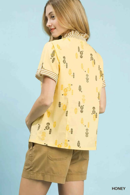 Umgee Printed Ruffle Trim Button Front Blouse