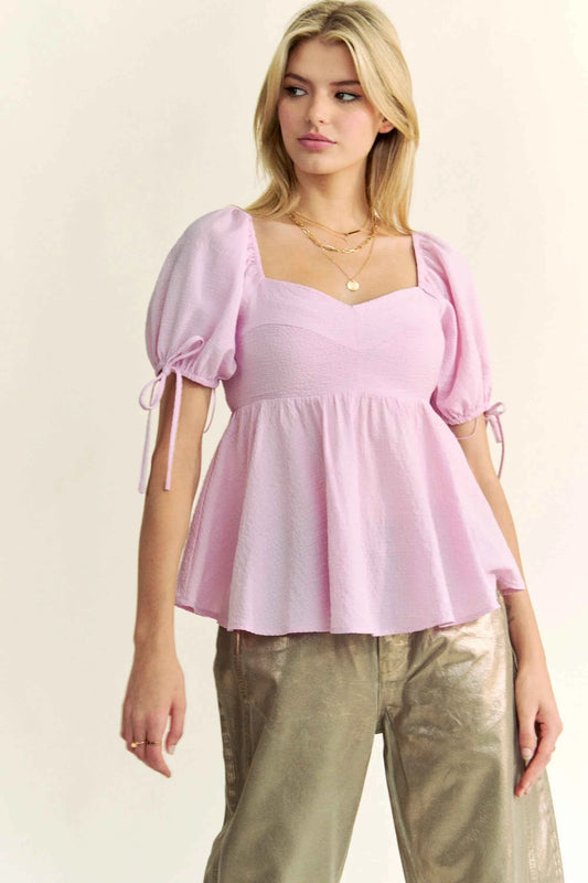Davi & Dani Solid Elastic Peplum Puffed Sleeves Blouse
