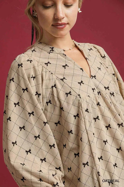 Umgee Corduroy Bow Print Balloon Sleeve Blouse