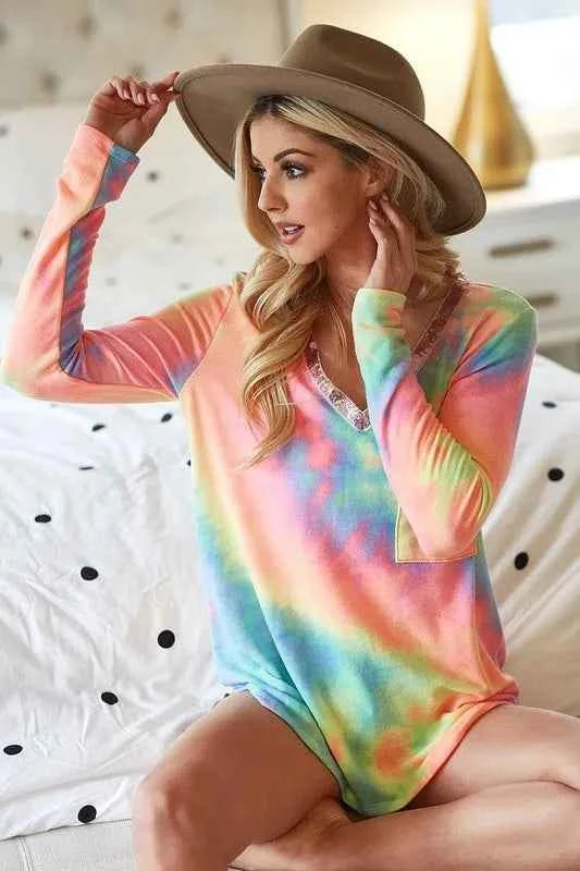 BiBi Tie Dye V-neck Terry Knit Top With Sequins