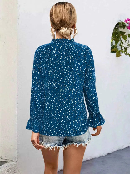 Ruffled Printed Tie Neck Long Sleeve Blouse