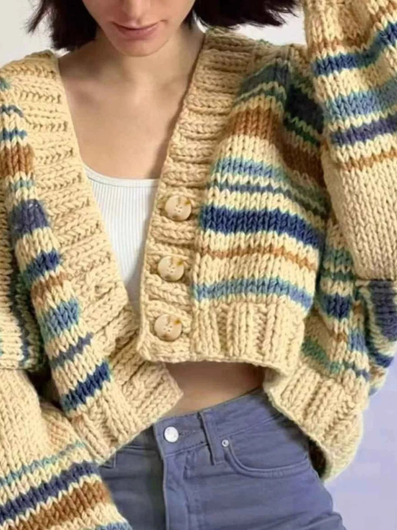 Chunky Knit Striped Cropped Cardigan