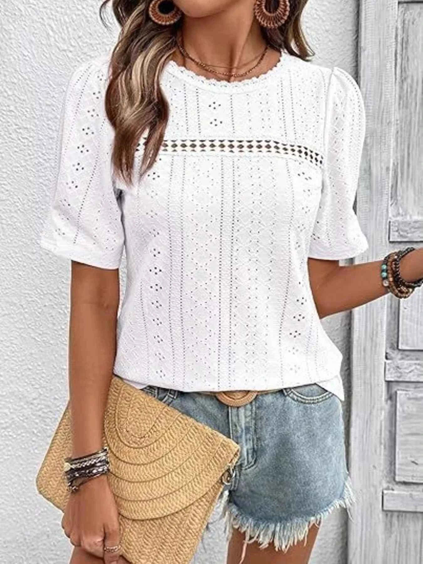 Eyelet Lace Detail Short Sleeve Blouse