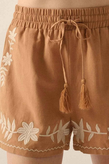 Embroidered Boho Tasseled Drawstring Elastic Waist Casual Shorts