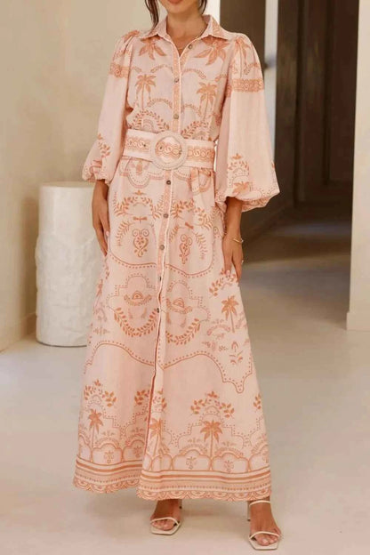 Printed Balloon Sleeve Maxi Shirt Dress