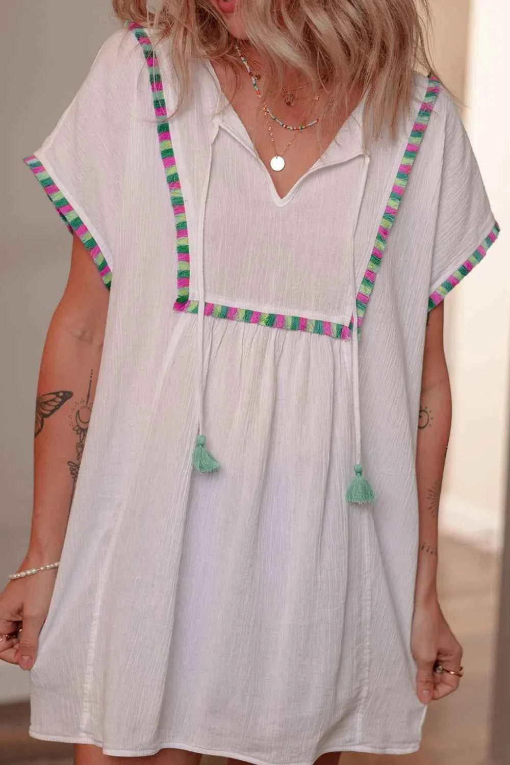 Tassel Tie Neck Short Sleeve Blouse