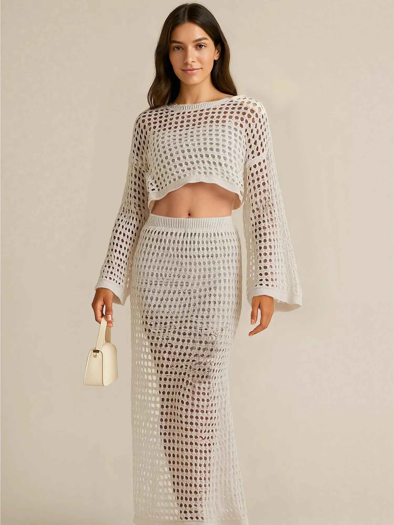 Hollow Out Long Sleeve Top and Skirt Knit Set