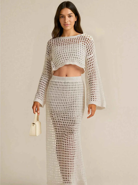 Hollow Out Long Sleeve Top and Skirt Knit Set