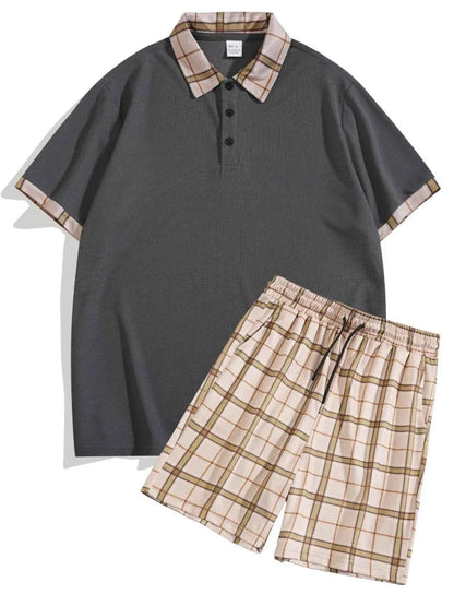 Men's Full Size Classic Plaid Collar Polo and Shorts Set Plus Size
