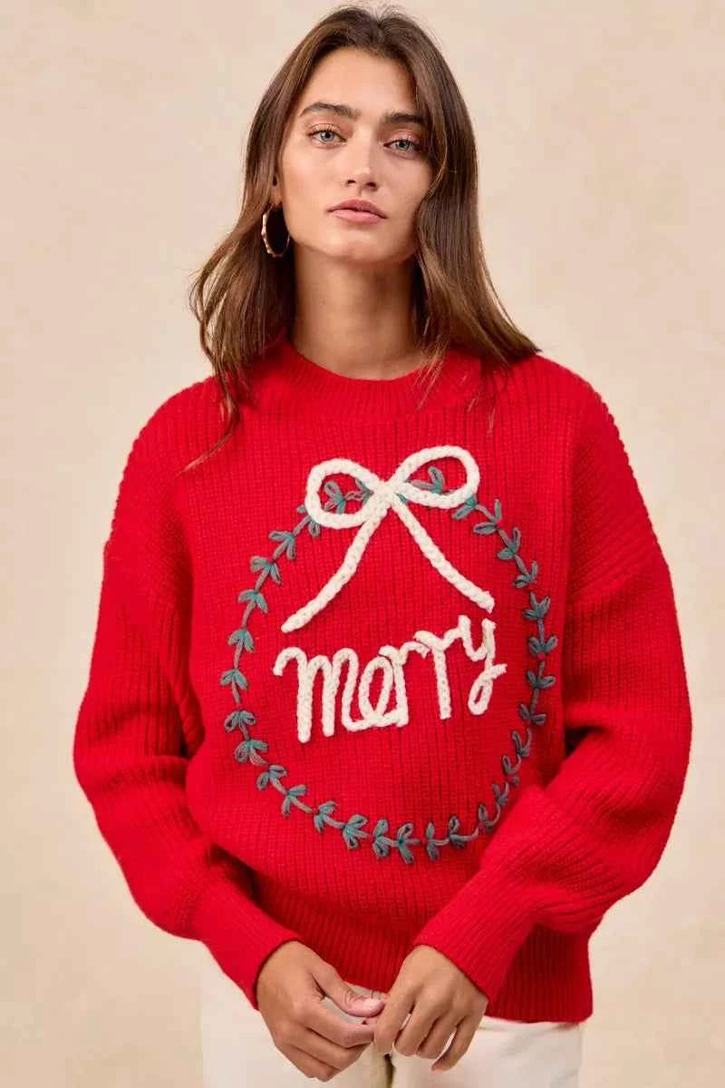 BiBi Christmas Wreath Merry Letter Knit Top