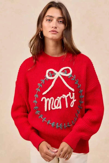 BiBi Christmas Wreath Merry Letter Knit Top