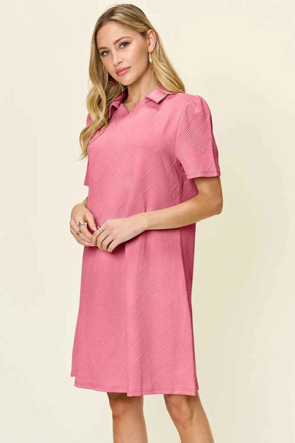 Double Take Full Size Texture Collared Neck Short Sleeve Dress