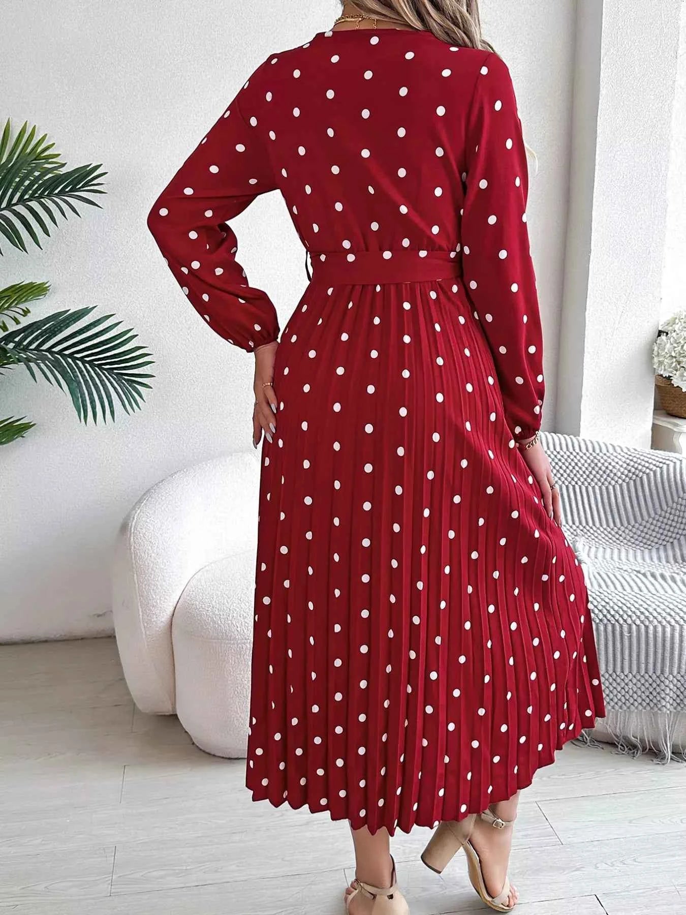 Front Tie Polka Dot Midi Pleated Dress