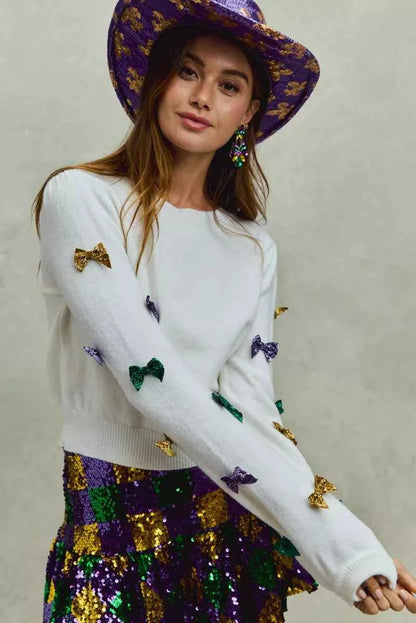 SO ME Mardi Gras Glitter Bow Ribbon Sweater Knit Top