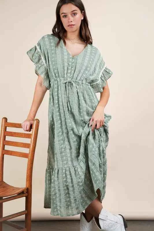 VERY J Embroidered Boho Ruffled Midi Dress