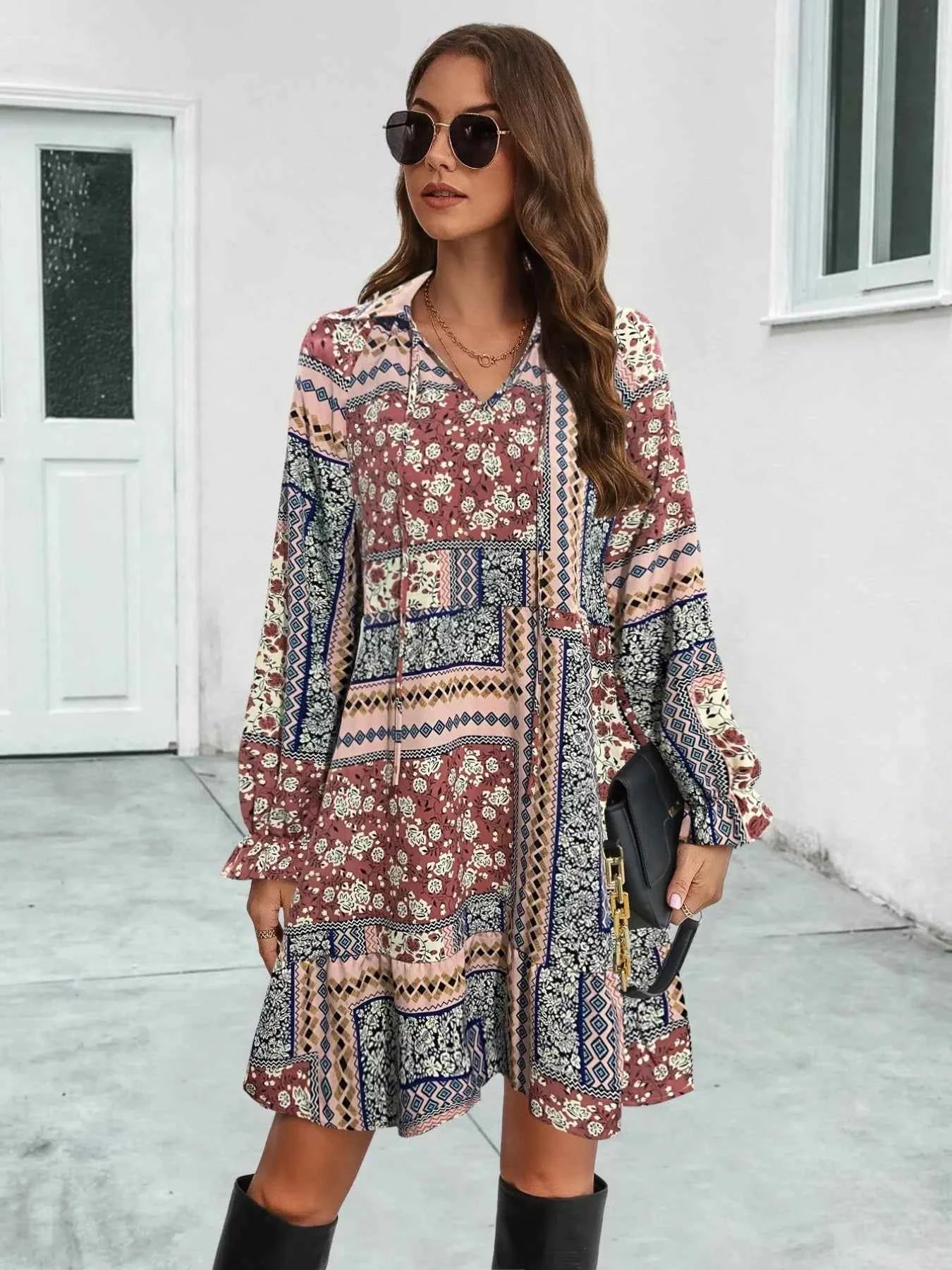 Boho Floral Print Long Sleeve Mini Dress