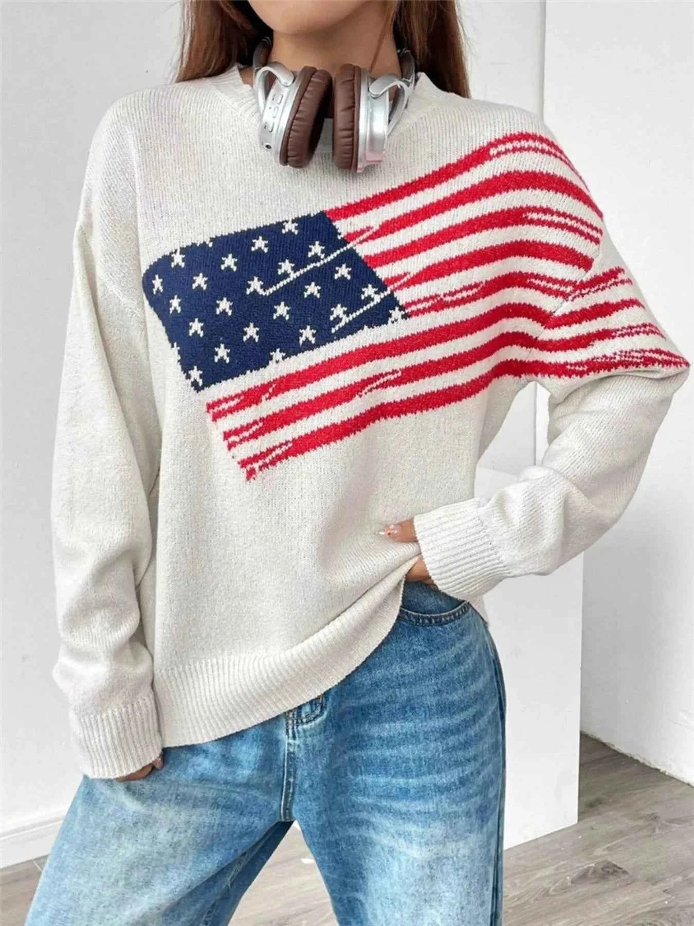 US Flag Round Neck Long Sleeve Sweater