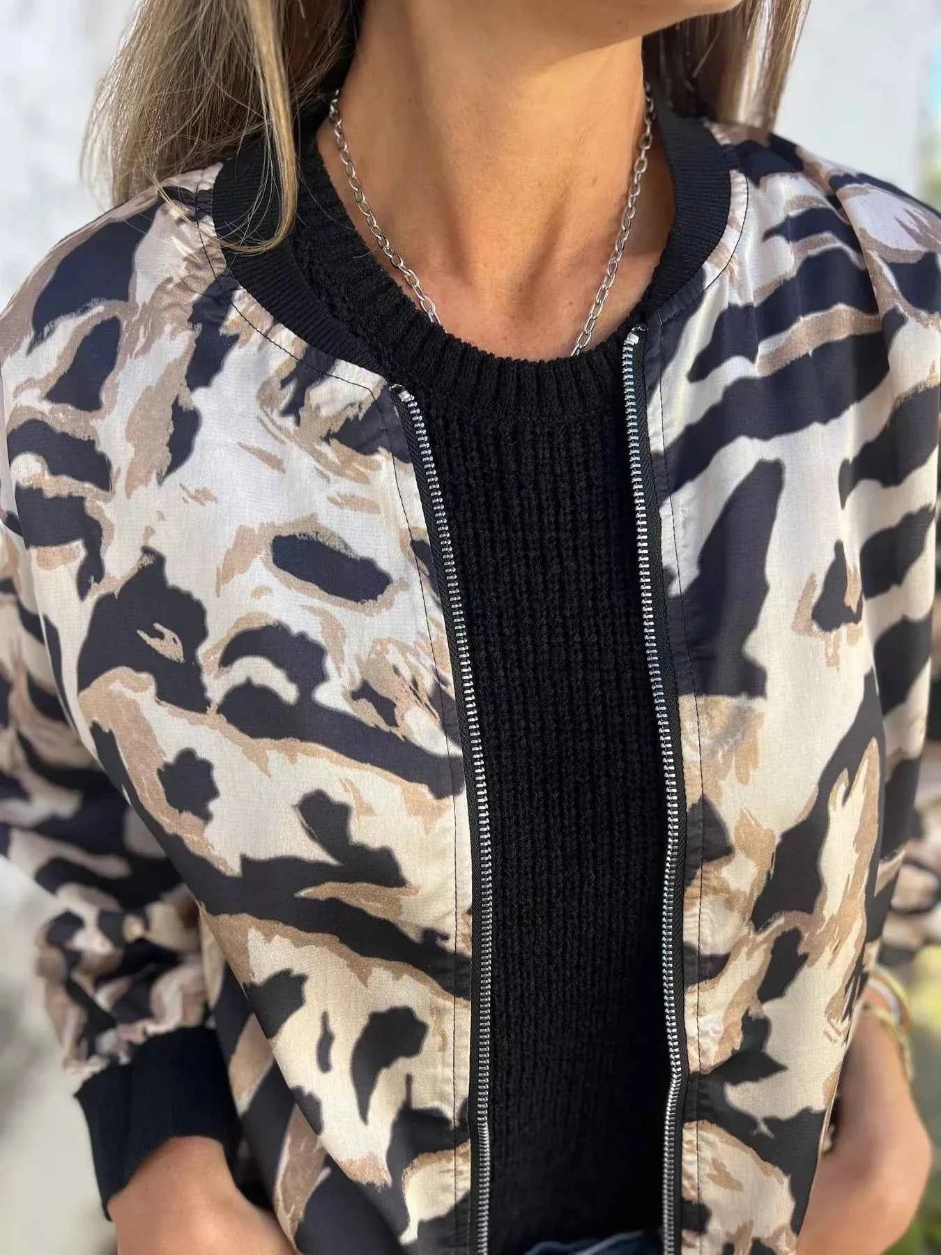 Full Size Zip Up Zebra Print Bomber Jacket Plus Size
