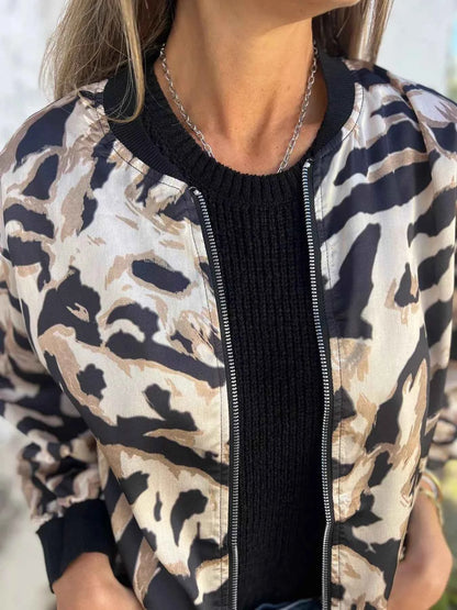 Full Size Zip Up Zebra Print Bomber Jacket Plus Size