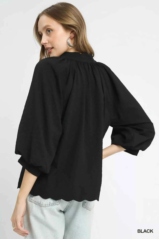 Umgee Full Size Textured Notched Balloon Sleeve Blouse Plus Size